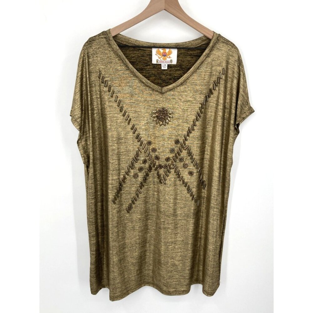 Ameri Mode Vintage Tunic L/XL Dolman Sleeve Beaded Shiny Gold Black Stretchy